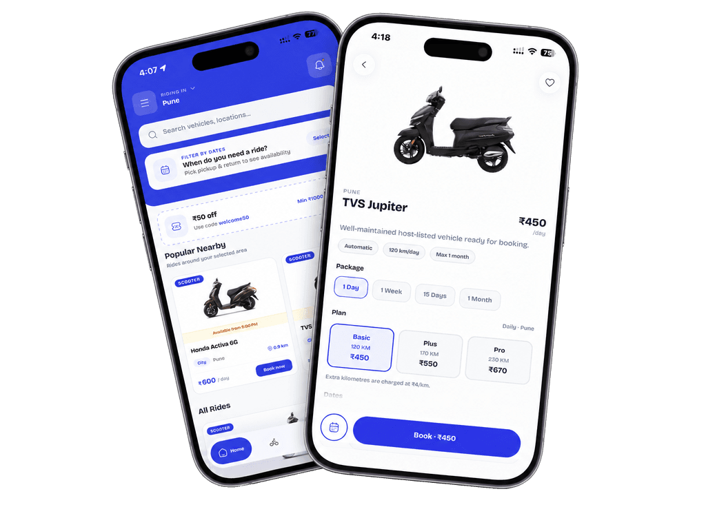 RideAway app on iPhone — browse bikes nearby and book a ride